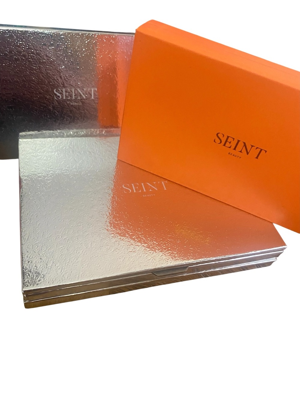 Seint 2 Silver/ 1 orange Magnetic Makeup Palette Compact Case w Mirror lot of 3